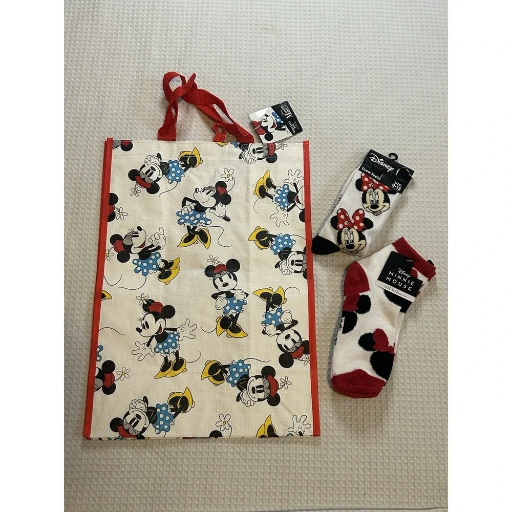 Disney - NEW - Minnie Mouse - Crew Socks (Set Of 2) + NEW Reusable Minnie Tote